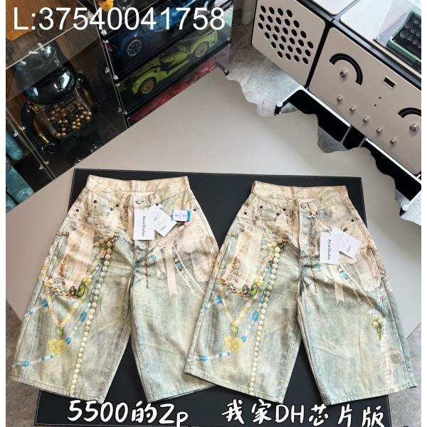 V공장 아크네 스튜디오  데님 쇼츠 루즈 핏 화이트 그린 반바지