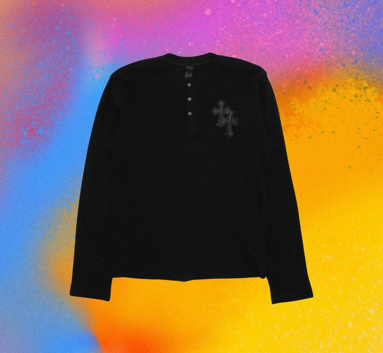 [꼬부기셀러] Chrome Hearts 크롬하츠 와플 조직 헨리넥 블랙 양가죽 장식 긴팔티